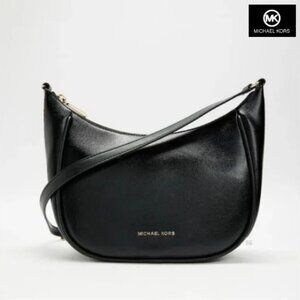 Michael Kors Cheryl Black Smooth Leather Messenger Crossbody Bag, Gold Hardware